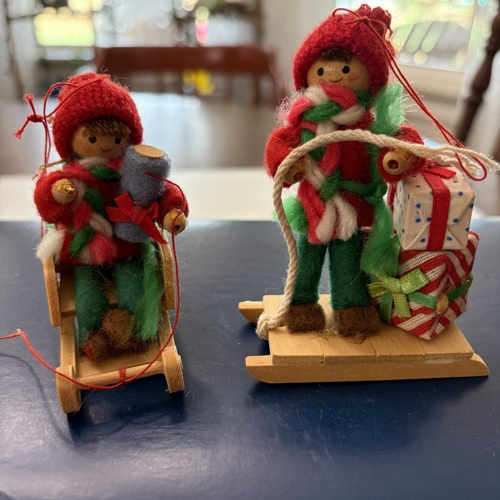Vintage 1970s 1980s Wooden Sled Christmas Tree Ornaments Set Of 2